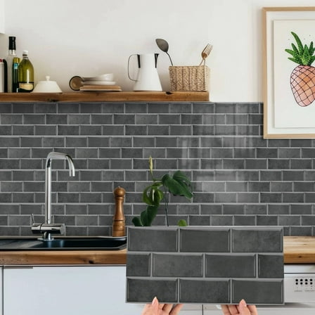 12 Pcs Self Adhesive Tile Wall Stickers Decals 6 x 12inches Dark Gray Marble Brick Decor Kitchen Bathroom Waterproof Peel and Stick Vinyl Tiles