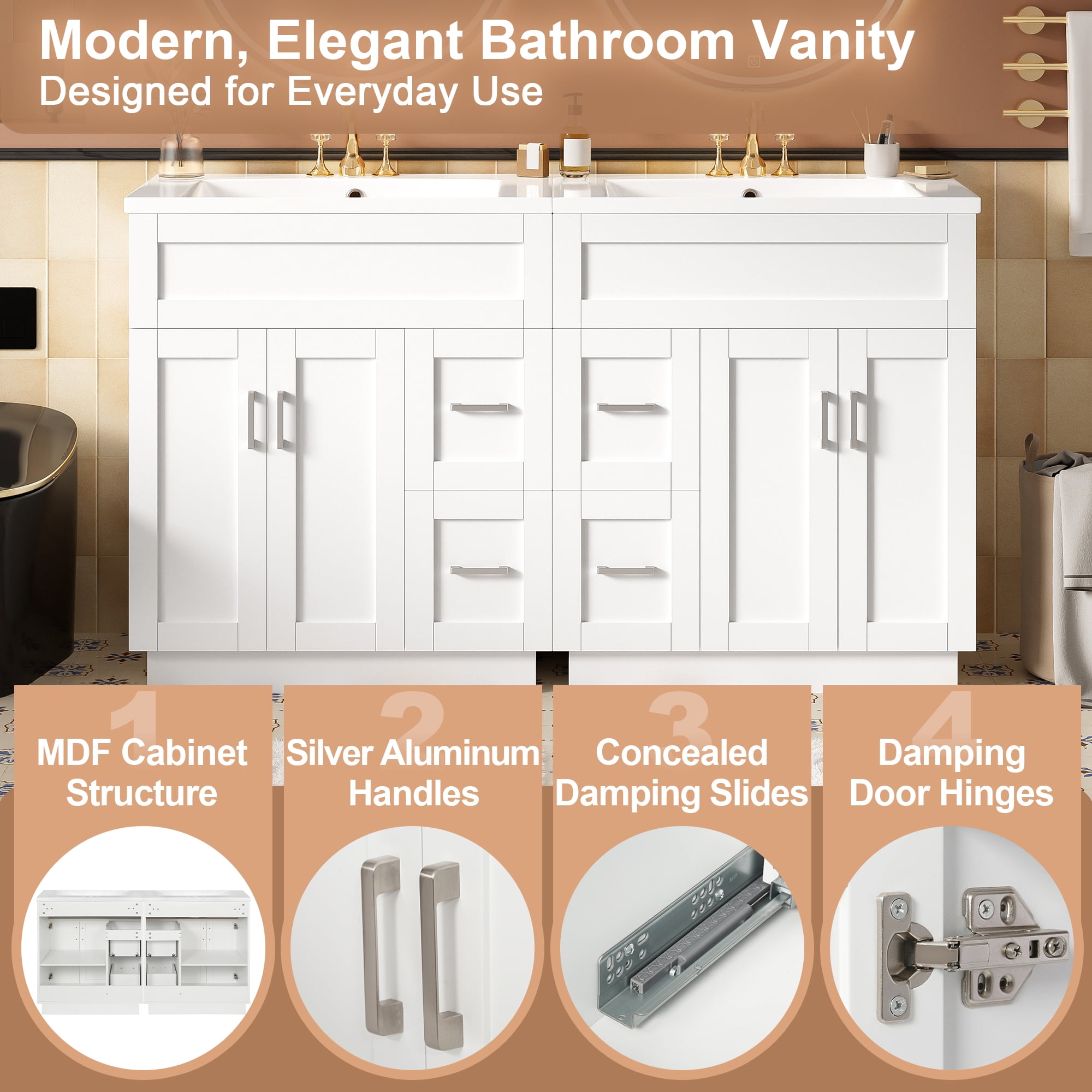 Harper & Bright Designs 60 inch Double Sink Bathroom Vanity, Free Standing Basin Vanity Set with 4 Cabinet Doors, 4 Drawers, 2 Adjustable Shelves, Hidden Soft-Close Drawers & Soft-Close Hinges, White