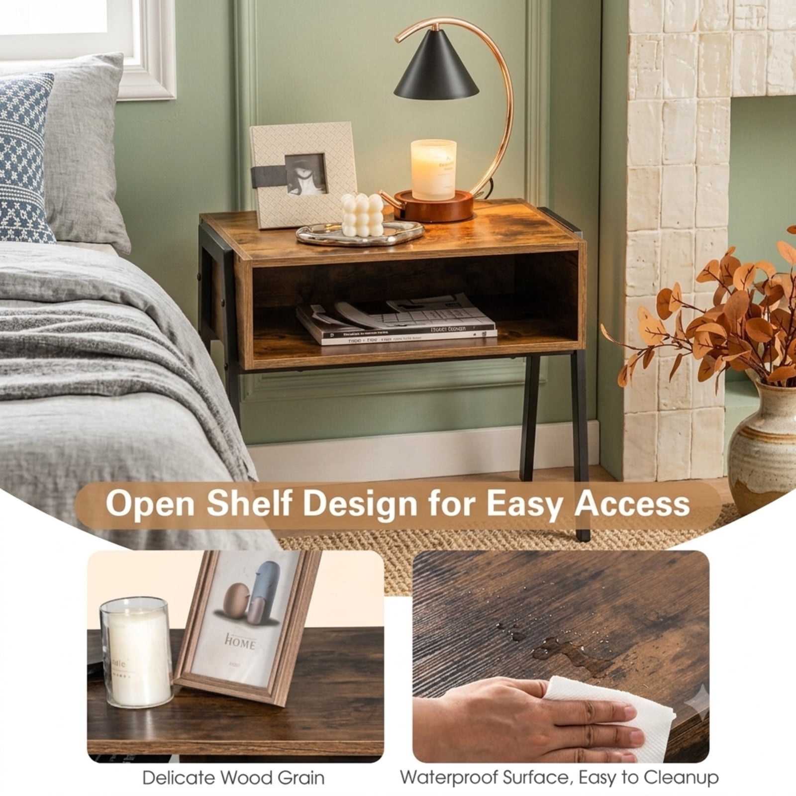Furnibear 1 Piece Stackable Night Stand Shelf Accent Table with Metal Frame for Bedroom Living Room Bedside Sofa Side Small Space, Coffee