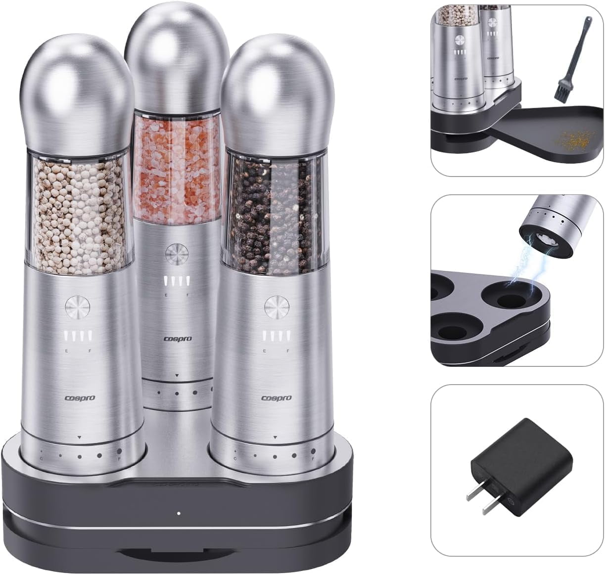 Electric Salt and Pepper Grinder, Set of 3 with Wireless Charging Base, Stainless Steel, Rechargeable Automatic Pepper Mill, Adjustable Coarseness, Easy to Use & Clean, Perfect Kitchen Gift