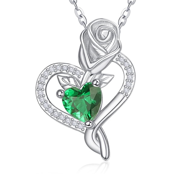 Heart Necklaces for Women 925 Sterling Silver Heart Pendant Jewelry Emerald May Birthstone Necklace Rose Necklace Anniversary Birthday Gifts for Women Her Wife Mom Daughter Grandma