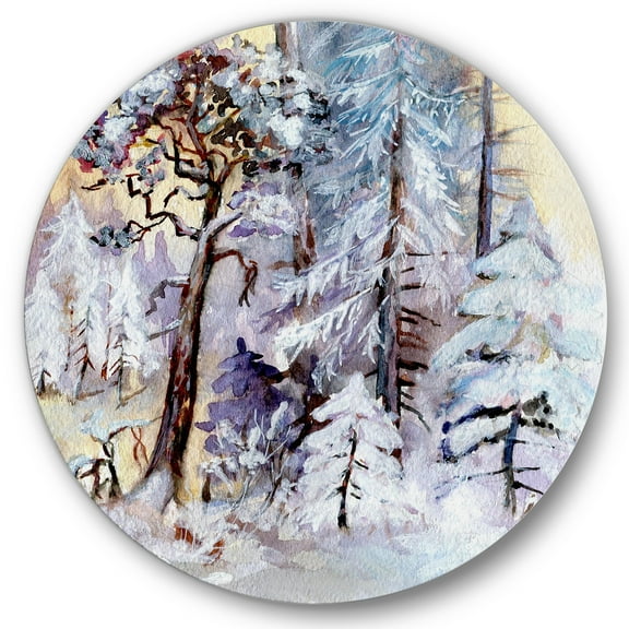 Designart 'The Lake With Winter Snowy Forest' Lake House Circle Metal Wall Art 36x36 - Disc of 36