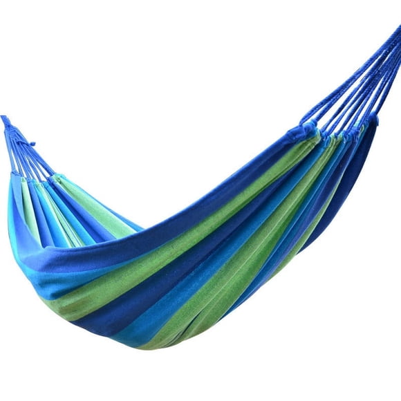 Hamaca de camping doble portátil con 2 correas de amarre, hamaca de tela a rayas de colores para interior y exterior, color azul