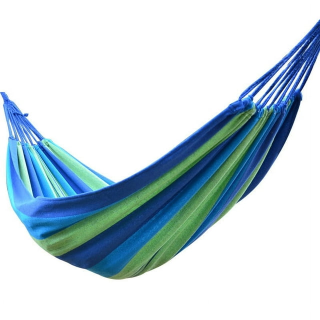 Hamaca de camping doble portátil con 2 correas de amarre, hamaca de tela a rayas de colores para interior y exterior, color azul