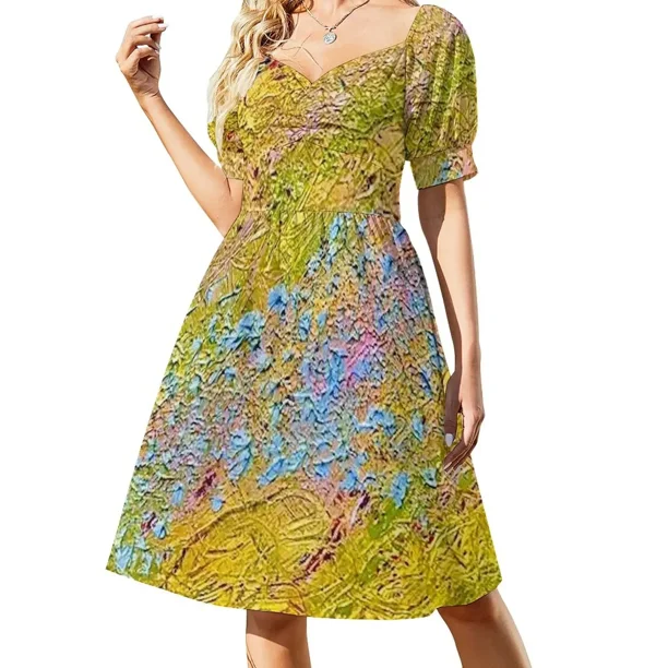 Vestido de manga corta con estampado de campos pastel Vestido vintage de cumpleaños para mujer de lujo
