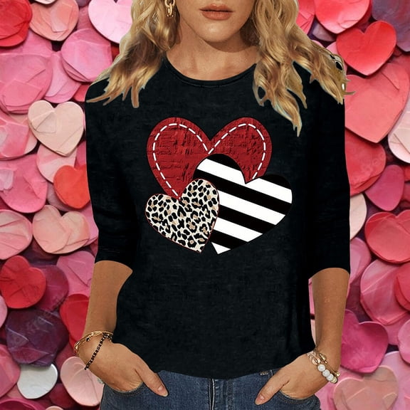 FASHOFT Valentinas Day Shirts for Women Crewneck 3/4 Sleeve T-Shirts Spring Love Heart Graphic Tee Tops Valentines Day Gifts for Her Black L
