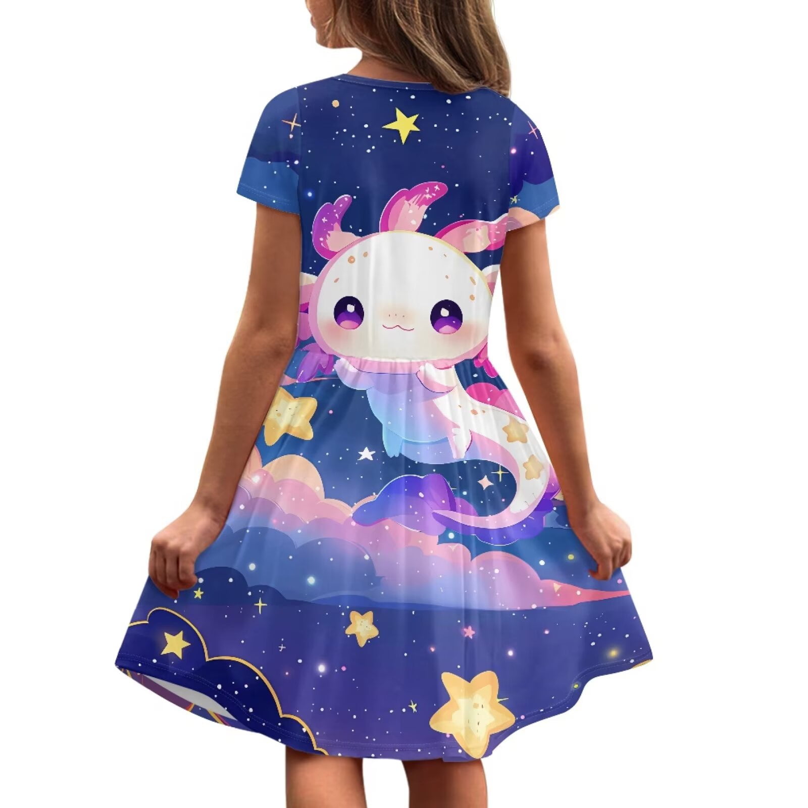 Uourmeti Axolotl Summer Dresses for Teen Girls Cute Short Sleeve Swing Dress Galaxy Lightweight Soft Crew Neck Midi Dresses Casual Beach Dress with Pockets