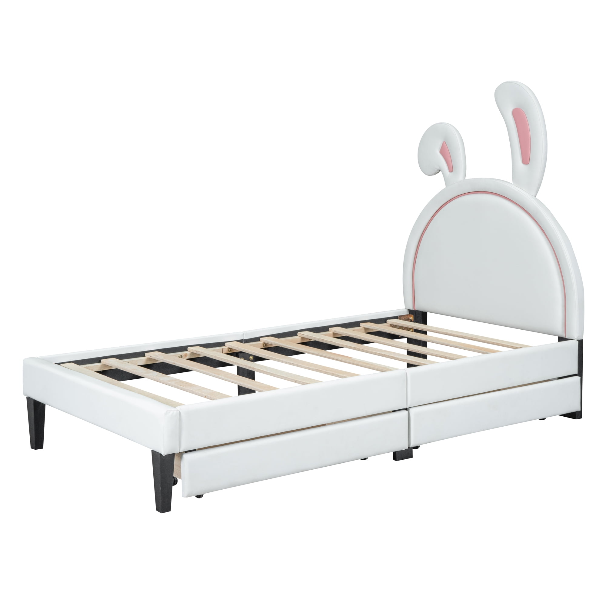 Leumius Twin Size Upholstered Platform Bed with 4 Drawers & Rabbit Ornament Headboard,PU Leather Bed Frame for Boys and Girls,White
