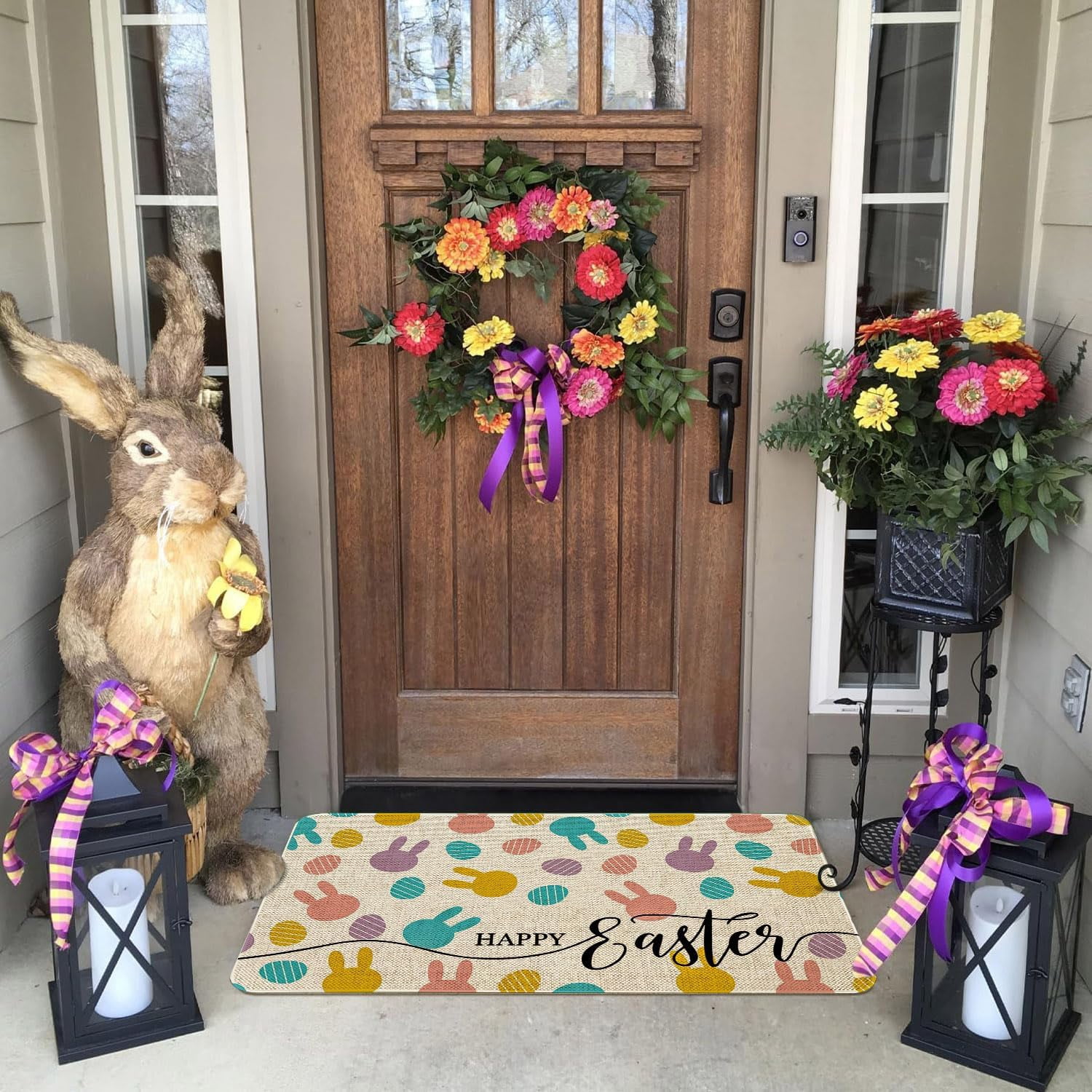 Happy Easter Door Mat Funny Text Indoor mat,Peeps Farmhouse Welcome Mats Holiday Creative Decorative Seasonal Burlap Welcome Floor Rabbit Mat Switch Mat for Outdoor 17 x 30 in