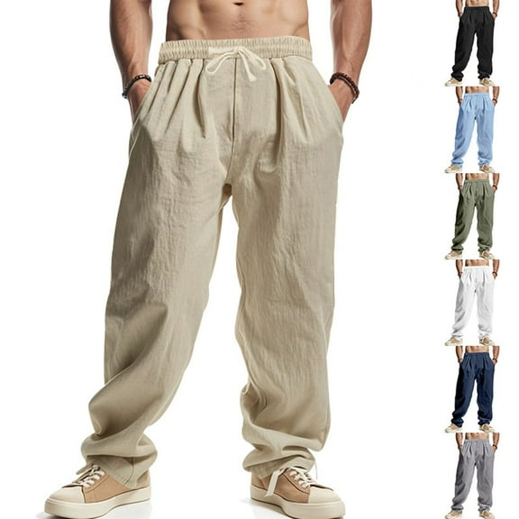 ZZwxWA Mens Casual Linen Pants Elastic Waist Drawstring Straight-Legs Yoga Pants Summer Beach Loose Fit Lightweight Trousers Festival Gift