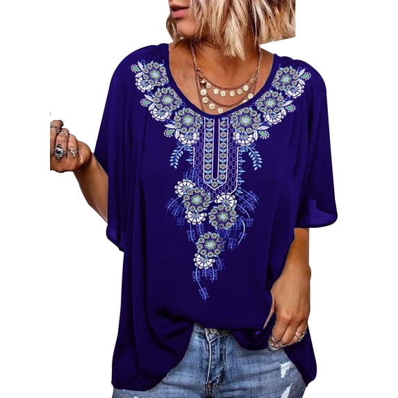 Gvmfive Women Floral Print Short Sleeve Round Neck Loose Tops Blouse