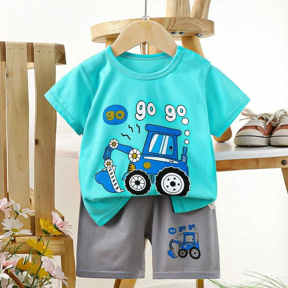 Samdudou 2 Piece Boy Clothes Short Sleeve Crew Neck Graphic Print Tops Elastic Waist Shorts Summer Casual Cute Outfit for Playing