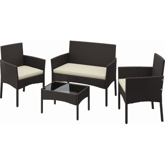 4-Piece Outdoor Rattan Conversation Set with Cushions and Glass Table, Brown and Beige
