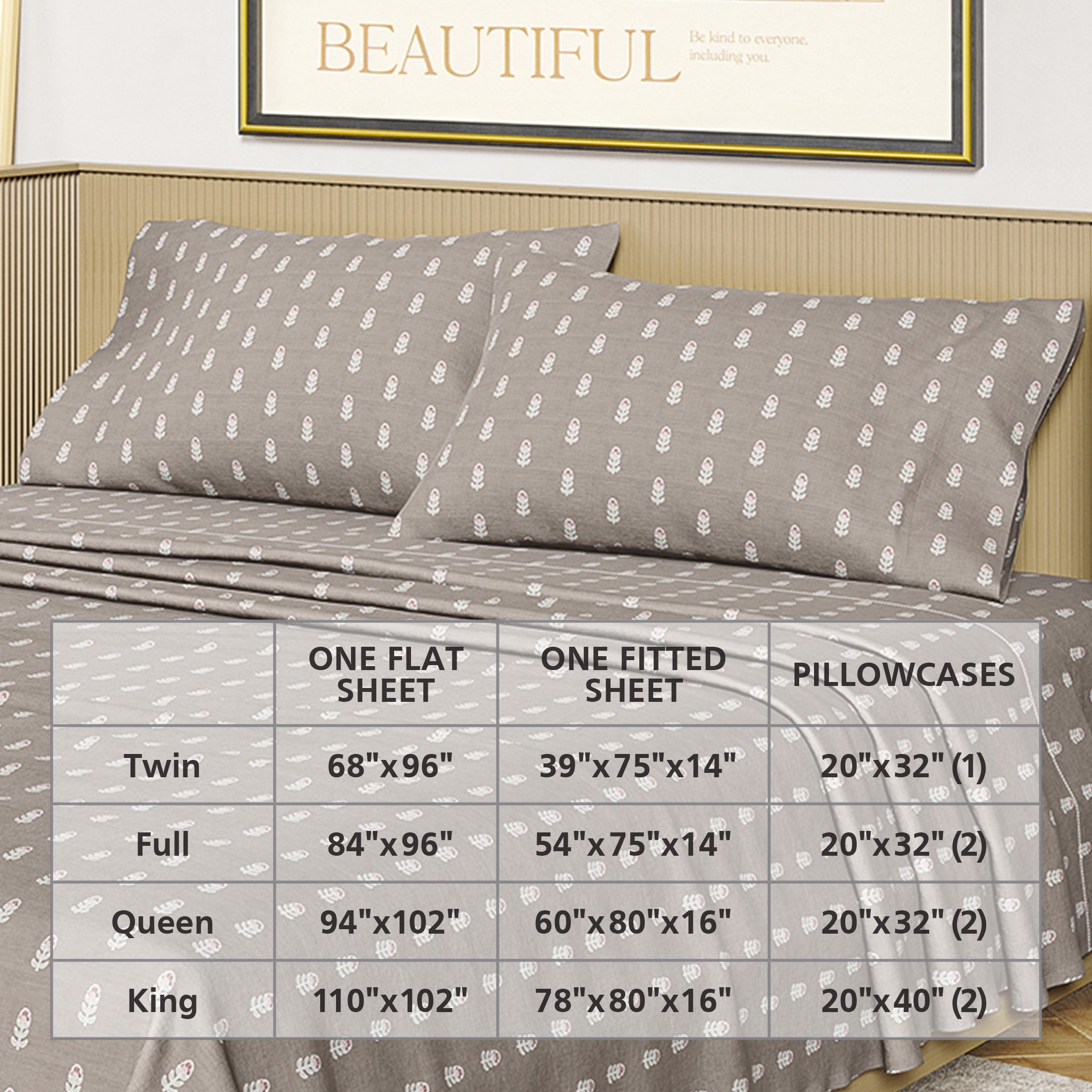 Beautiful Signature Floral 3-Piece 100% Cotton Percale Sheet Set, Fawn, Twin by Drew Barrymore
