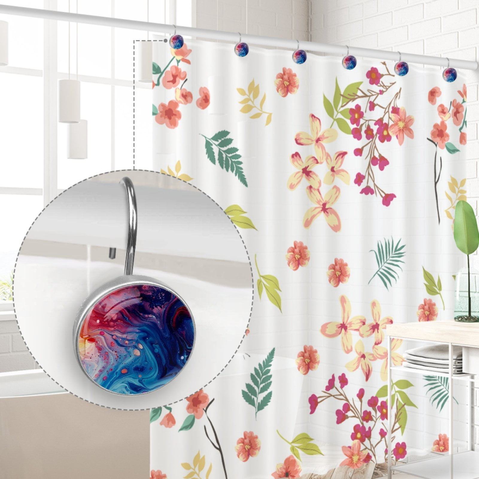 HemaKayy 12 Pcs Decorative Marble Shower Curtain Hooks - Rust Proof Stainless Steel Rings for Bathroom Decor | Easy to Install and Glide | Stylish and Durable Shower Accessories - Colorful Liquid