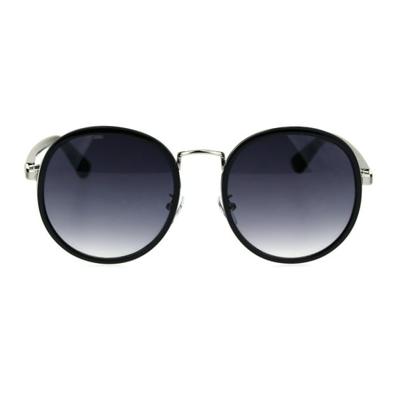 Classic Retro Round Double Rim Chic Fashion Sunglasses Black Silver Smoke