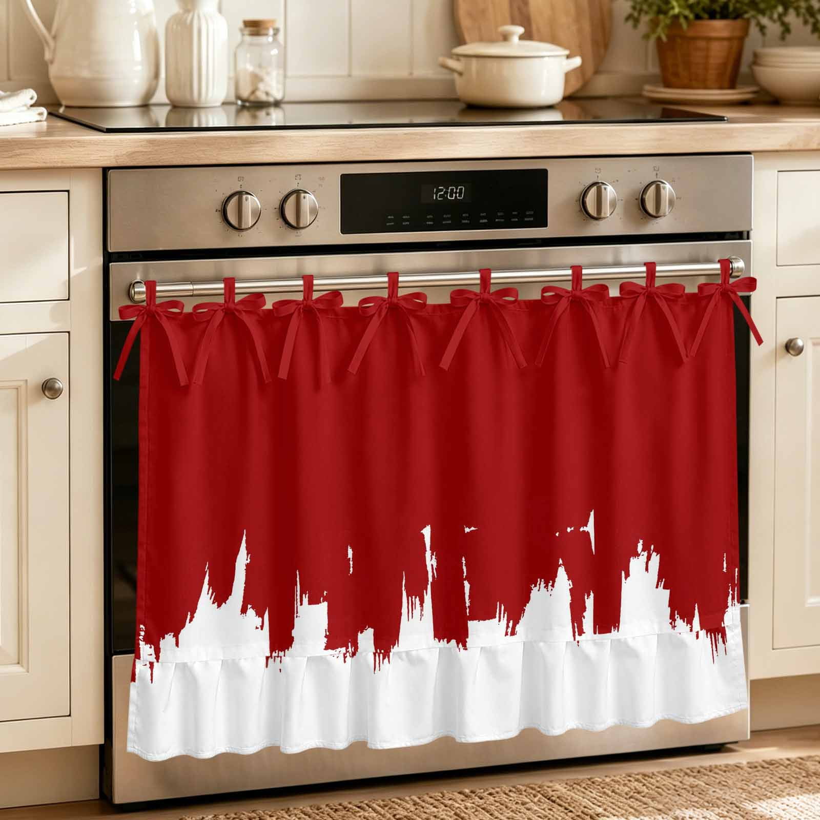 Oven Skirt Curtain for Kitchen 24x32 Inch Abstract Red Oven Curtain with 8 Ribbon Ties & Ruffle Trim Stove Skirt Curtain Dishwasher for Cabinets Over Sinks Modern Minimalist Graffiti Artwork