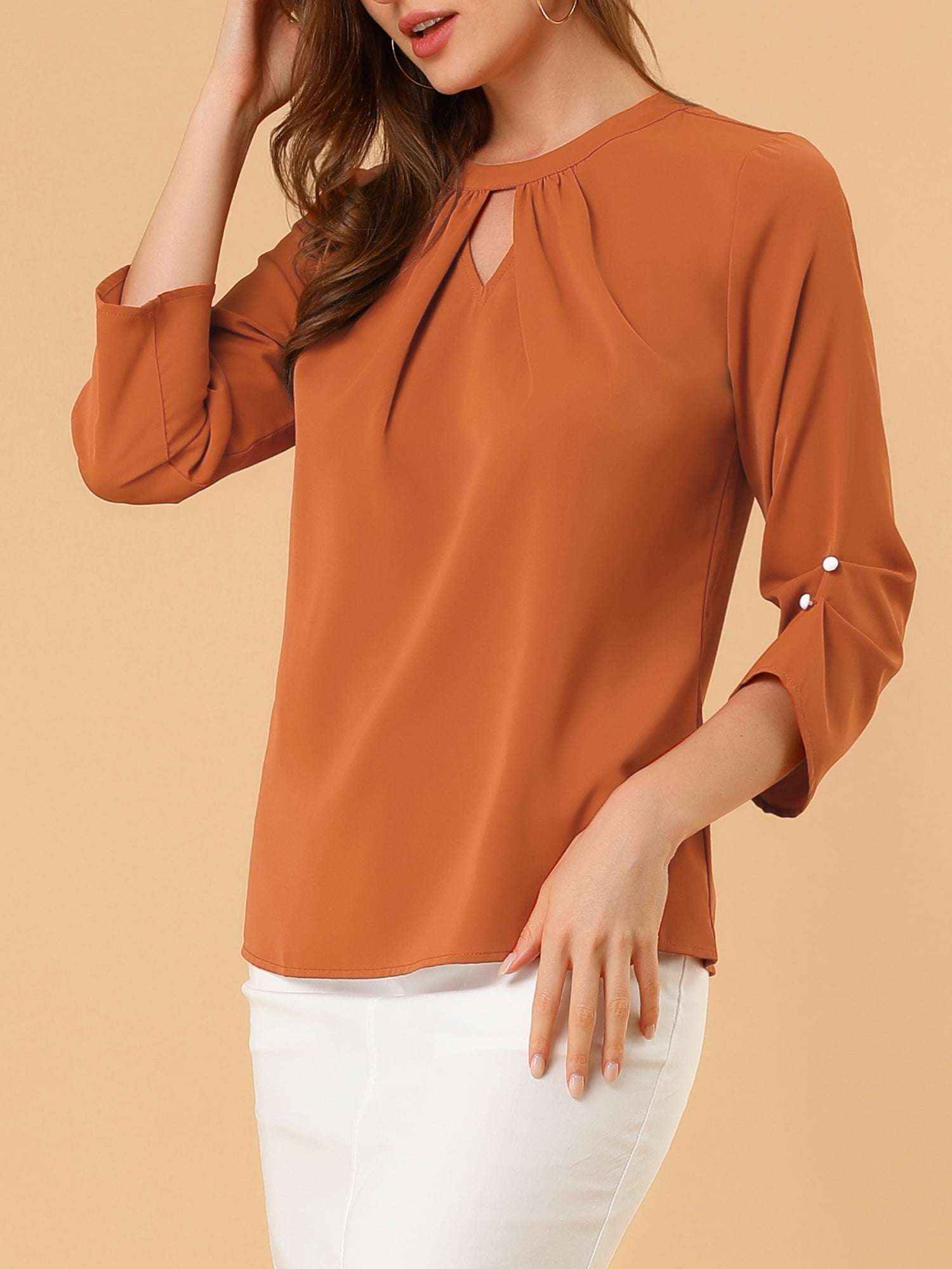 DARING DIVA Round Neck Keyhole Pleated Shirred Work Top L Brown