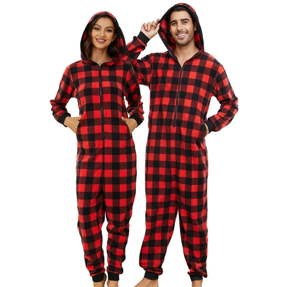 U2SKIIN Couple Onesie Pajama Sets, Hooded Zipper Christmas Matching Plaid Pjs Set for Men and Women Soft Warm Jumpsuit (Womens Buffalo Plaid-Red, M)