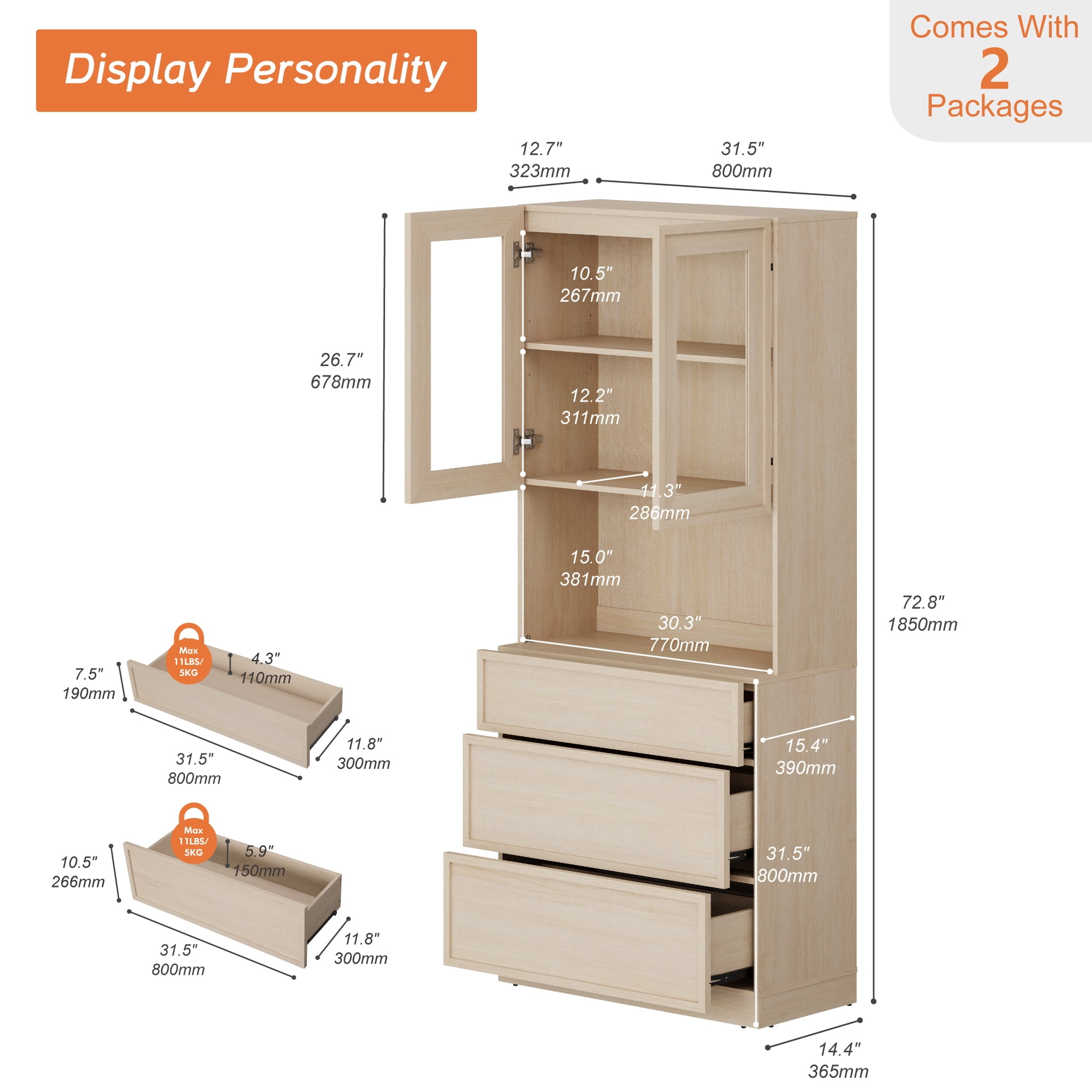 Modern 72" Tall Bookshelf with 3 Drawers and Book Shelves, Library Bookcase with Storage Cabinet and Glass Display Shelves,Beige