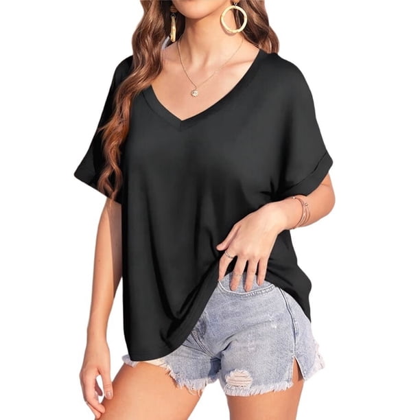 Camisetas de Gran Tamaño para Mujer, Cuello en V, Corta, Camisetas Holgadas Informales de Verano. Negro XXL