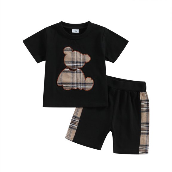 Gunia Kids Toddler Boys Summer Outfits Stylish Bear Embroidery Girls Short Sleeve Striped Shorts Two Piece Playwear Clothes Set 3-10 Years