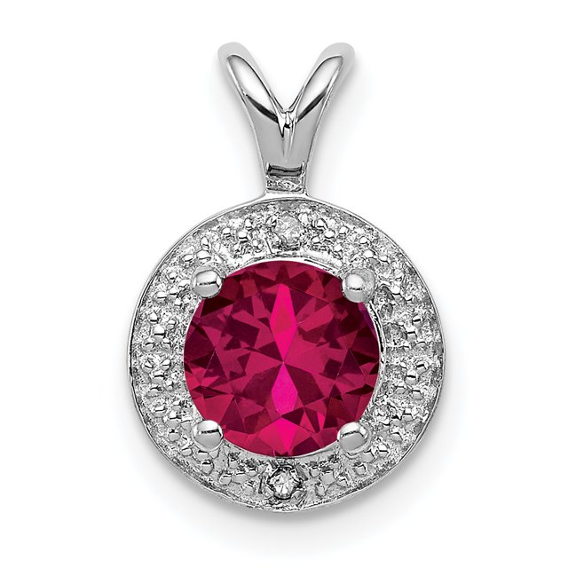 925 Sterling Silver Lab Created Ruby .010ct. Diamond Halo Round Necklace Charm Pendant Birthstone July