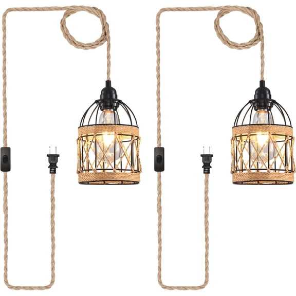 Plug in Pendant Light, Industrial Hanging Light with Plug in Cord Hemp Rope On/Off Switch Farmhouse, Vintage Pendant Light Fixture, Hanging Lamps for Dining Room