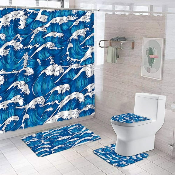 4pcs Set Turquoise Wave Shower Curtains Fabric Geometric Bath Curtains For Bathroom Flannel Anti Slip Bath Mat Toilet Cover Rug