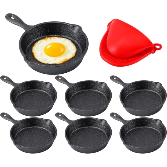 Mini Cast Iron Skillet Set of 6, 4 Inch Small Frying Pan with Handle, Cast Iron Skillet with Silicone Mitt, Pre Seasoned Mini Skillets for Camping, Kitchen Cooking, Indoor and Outdoor (Black)