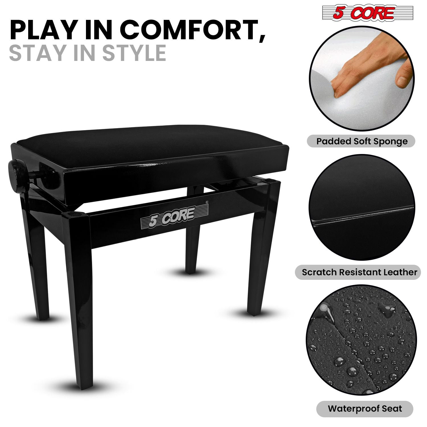 5 CORE Adjustable Piano Bench Thick 3.25" Padded Solid Wood Keyboard Bench Heavy Duty Stool Super Stable Musician Chair