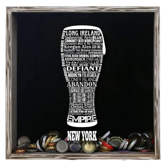 Torched New York Beer Cap Shadow Box Wall Mount Decor 13"x13"x3" Grey