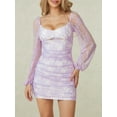 thumbnail image 4 of Musuos Women Mini Bodycon Dress Lace Ruched See-Through Long Sleeve Tie-Up Halter Neck Backless Party Dress, Purple, 4 of 10
