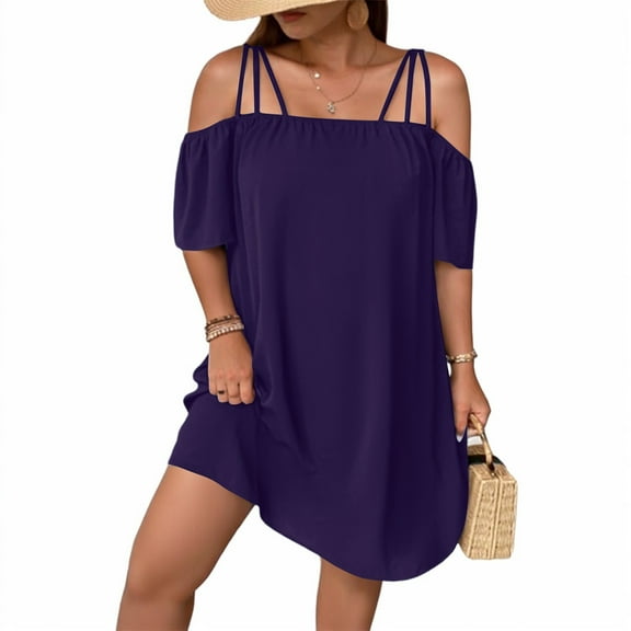 WULMLEO Women's Plus Size Dresses Off Shoulder Short Sleeve Short Dresses Causal Loose Tunic Summer Dress Dark Purple 4XL
