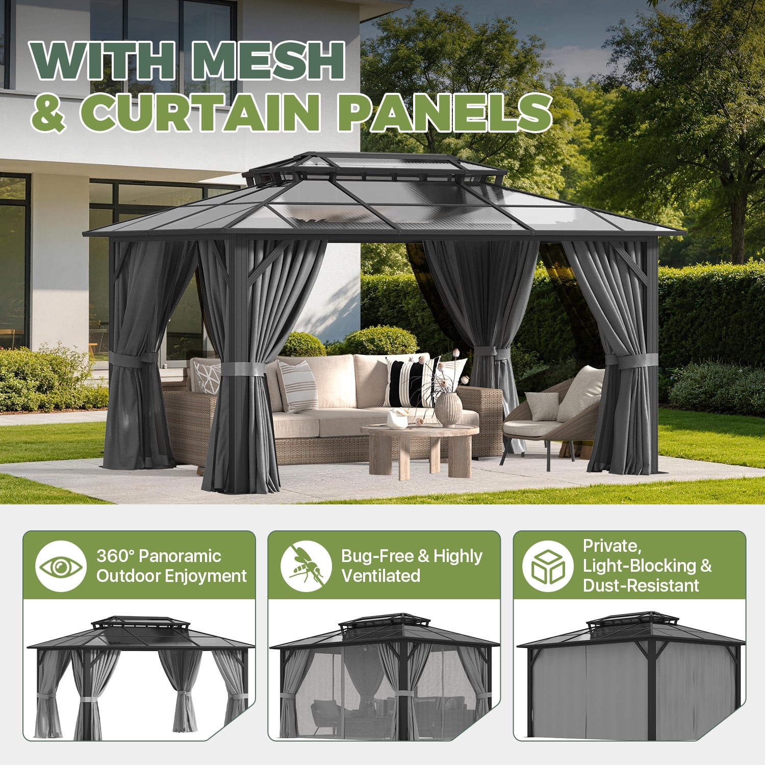 BaPiPro 14x10 FT Outdoor Gazebo, Double Roof Polycarbonate Hardtop, Iron Frame, Black & Gray, UV Protected, Weather Resistant, for Patio Backyard Deck Lawn