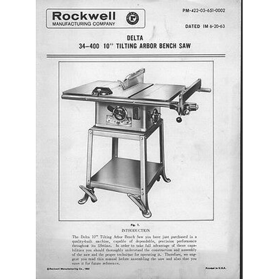 Instruction Manual ONLY for Delta Rockwell 34-400 - 10" Tilting Arbor Bench Saw Instructions REPRINT