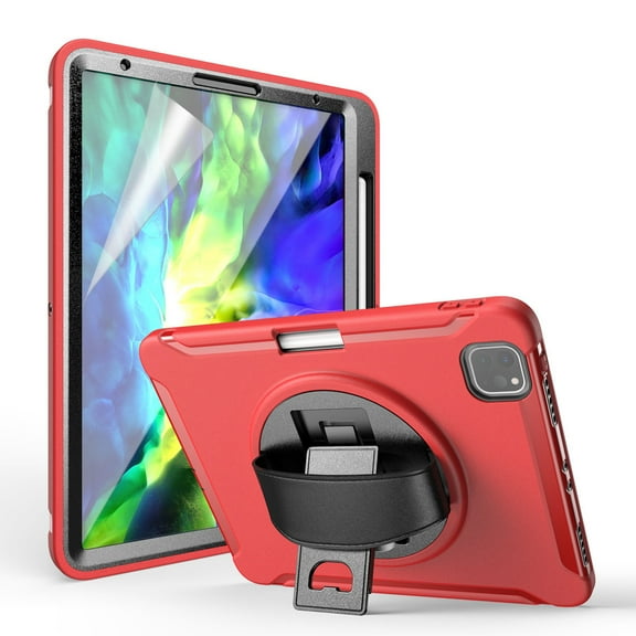 Dteck For Apple iPad Pro 11" 2018/Pro 11 2nd Generation (2020 Released),Shockproof Three-Layer Heavy Duty Protector Rubber Hybrid Hard Kickstand Case Built-in Screen Protector 11 inches,Red