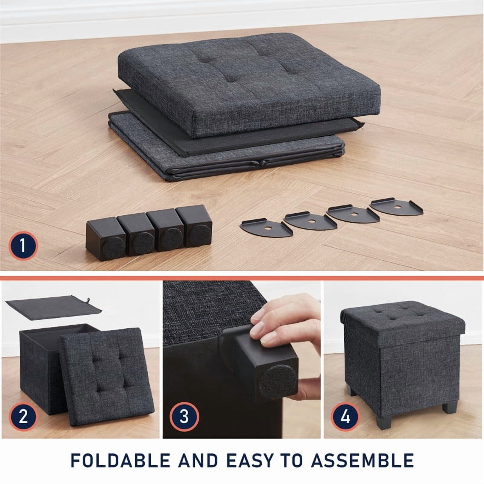Ornavo Home 15 Inch Folding Storage Ottoman with Storage, Square Cube Linen Small Storage Ottoman Foot Rest Stool with Legs