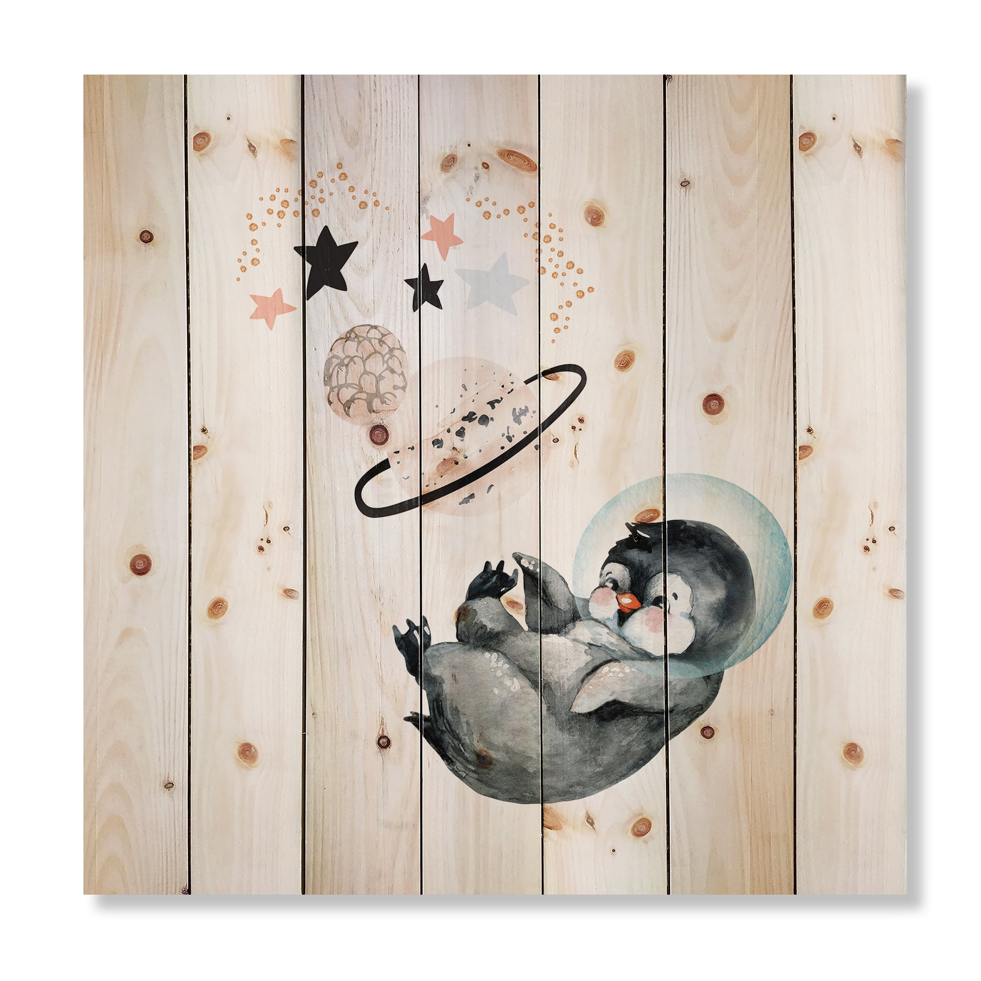 Designart 'Little Penguin With Planets and Stars I' Farmhouse Print on Natural Pine Wood