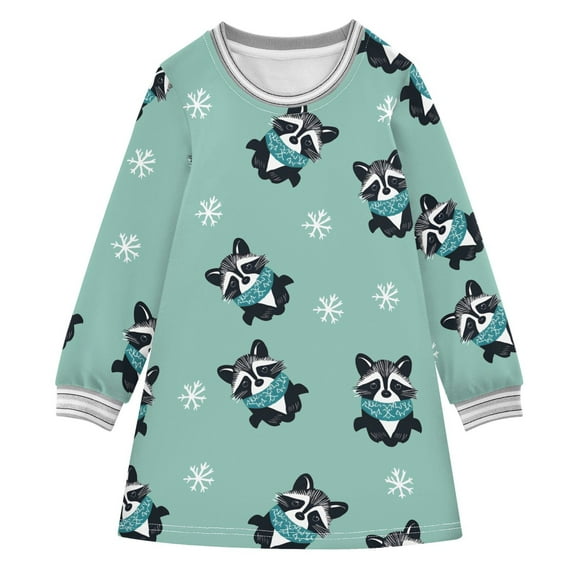 Girls' long-sleeved dress Raccoon Snowflake Girls' A-line dress with ribbed cuffs Soft and comfortable