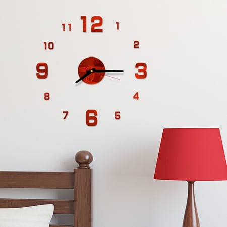 LOLIPPYY Frameless Red Decorative Wall Clock with Acrylic Mirror Surface for Quiet Home Office Decoration 13.8 Inch