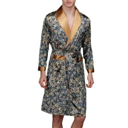 

Men s Lightweight Dressing Gowns Satin Ice Silk Classic Long Kimono Robe Nightgown Silk Bathrobe Home Pajamas Long Sleeve Sleepwear Two Piece Set with Pocket XL Navy Blue