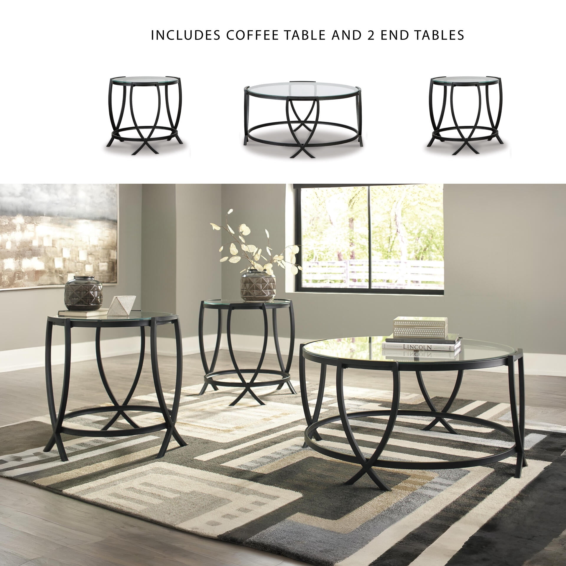 Signature Design by Ashley Tarrin 3-Piece Occasional Table Set, Black, Modern Coffee Table and 2 End Tables with Glass Tops