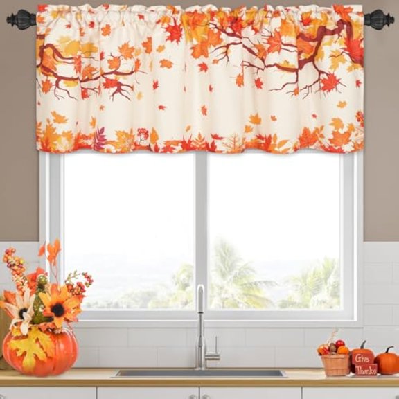 Fall Maple Leaves Window Valance - Rod Pocket Kitchen Curtain, 54 W x 18 L, 1 Panel