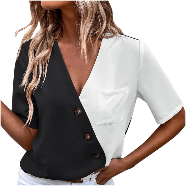 Women's Fashion Tops Summer Short Sleeve Color Block Sexy Patchwork Button Down Casual Blouse Tops