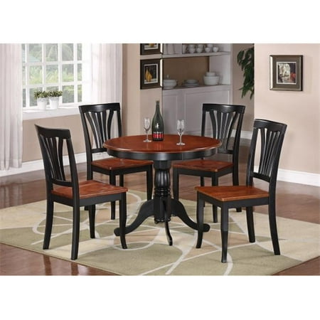 5 Piece Cherry Finish Wood - East West Furniture ANAV5-BLK-W 5 -Piece Round Kitchen 36 in. Table and 4 Chairs with Wood seat in Black & Cherry Finish