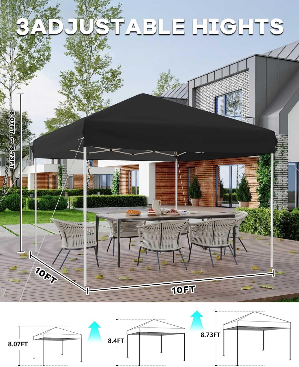 10x10 Pop Up Canopy Tent, Outdoor Tent with 3 Adjustable Height, Easy Set Up Canopy with 4 Sandbags & Carrying Bag for Camping, Parties, Outdoor Events -Gray