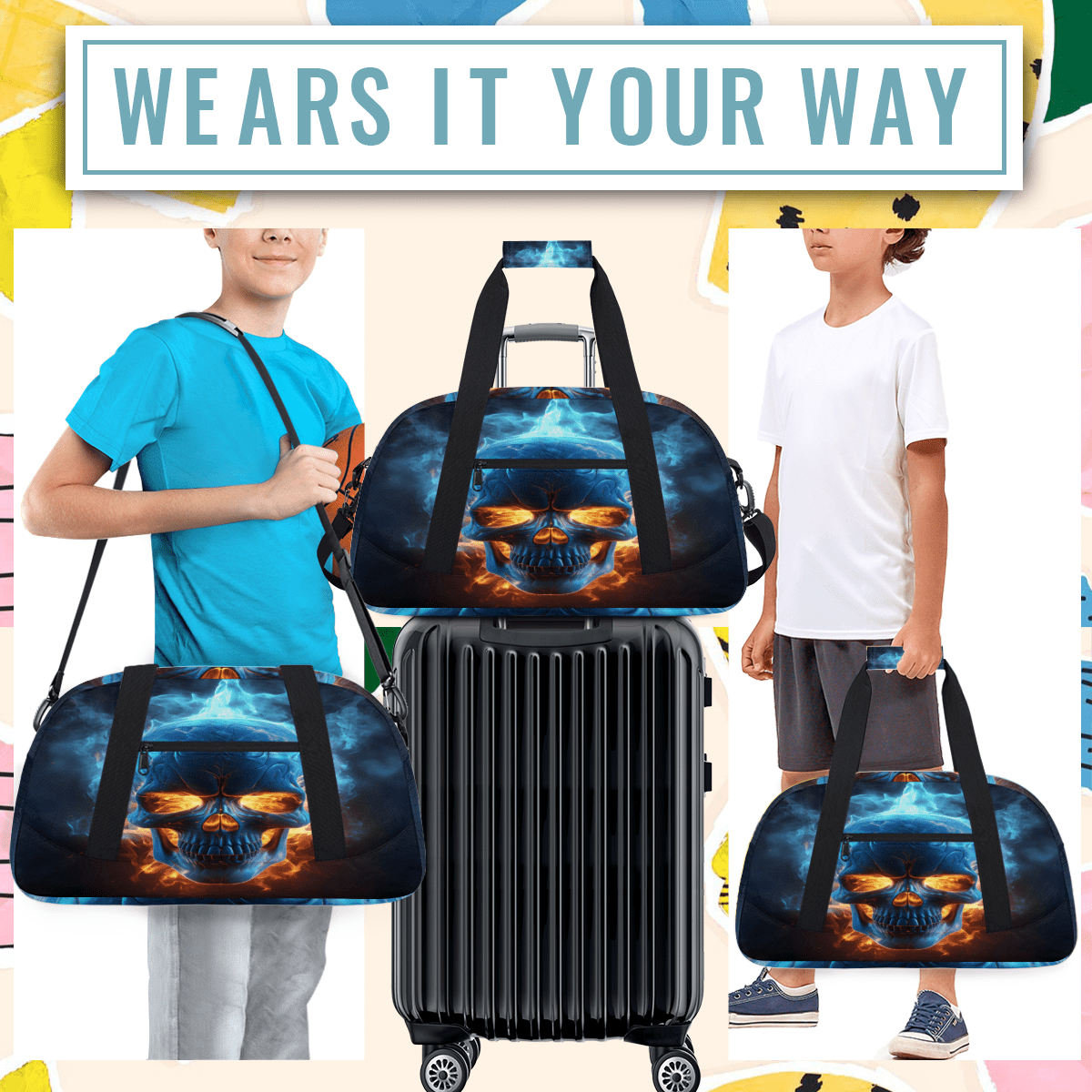 Herdesigns Skull Skeleton Sports Duffle Bag for Women & Men, Gym Bag Dance Bag Overnight Bag Carry On Weekender Travel Bag