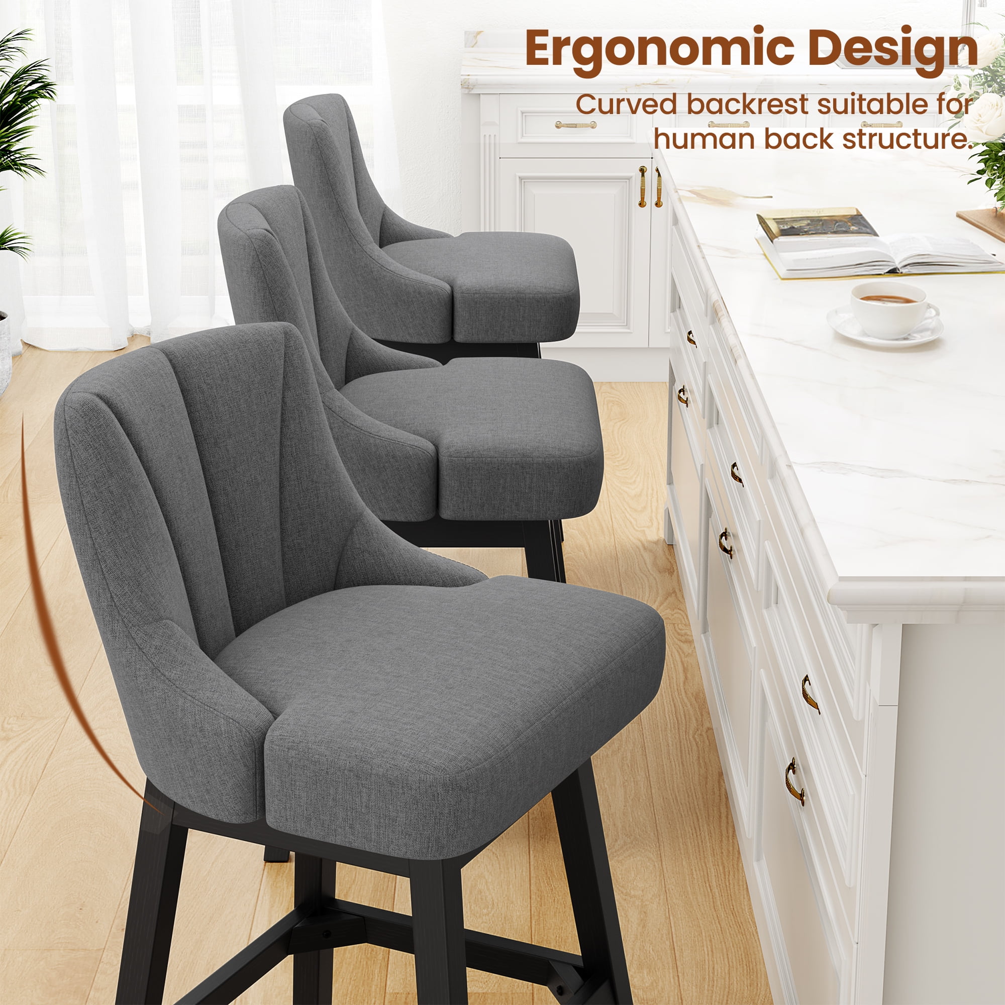 LainTene 26" Swivel Bar Stools with Backs, 26" Counter Height Bar Stools, Extra Upholstered Counter Barstools with Square Solid Wood Legs for Kitchen Island, Dining Room