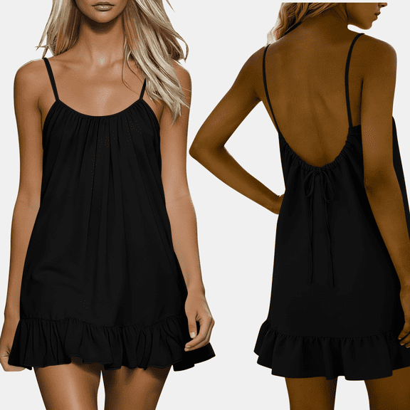 SuTry Backless Cami Dress for Women Short Mini Backless Dress Sleeveless Cami Ruffle Flowy Dress Above Knee House Dress